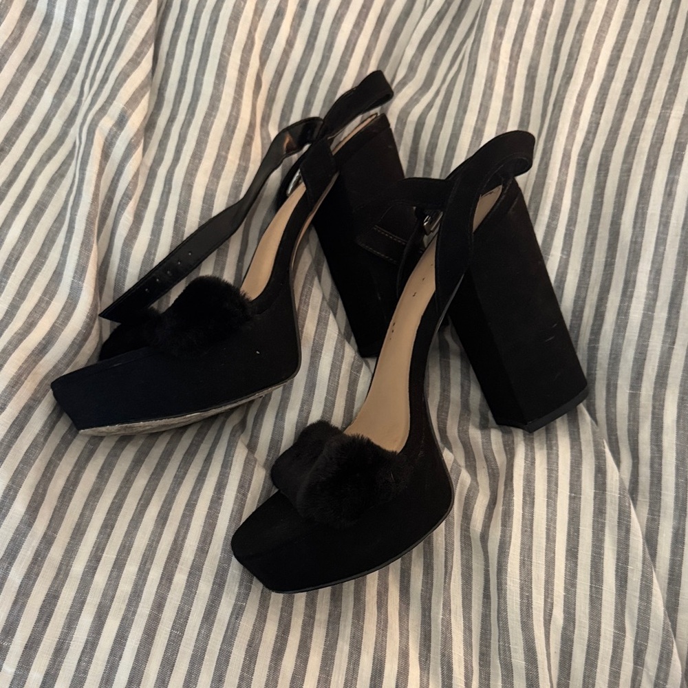 Leith Black Platform Sandals with Fur Detail